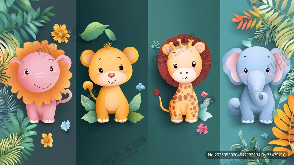 可愛動物與綠植裝飾插畫