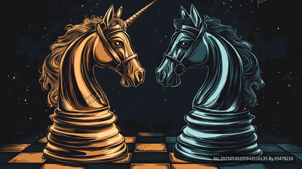 對弈的金色與藍色獨角獸棋子