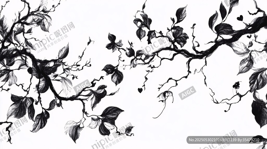黑白花卉枝葉插畫(huà)