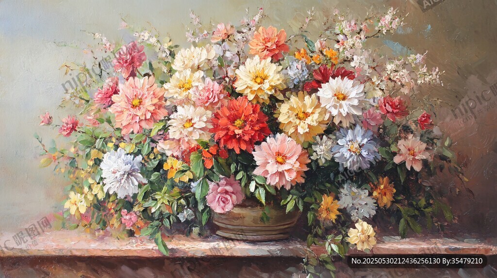 多彩花卉靜物油畫作品