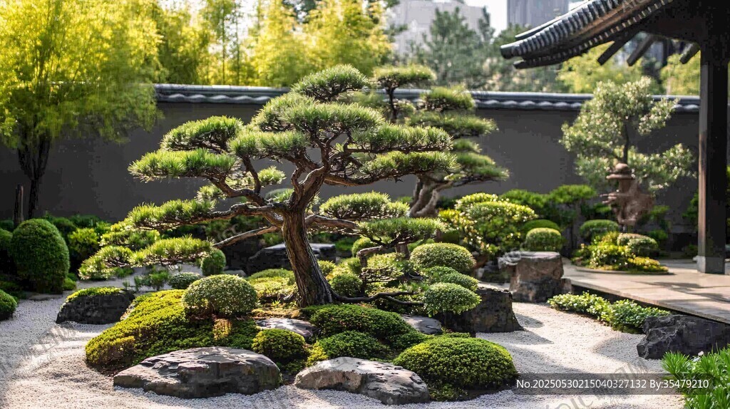 中式庭院景觀中的盆景松樹