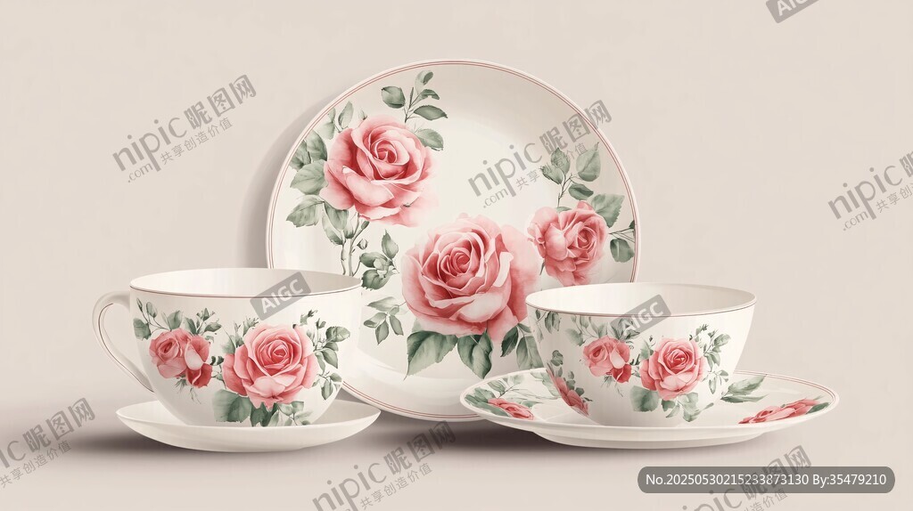 玫瑰印花精致陶瓷餐具套裝