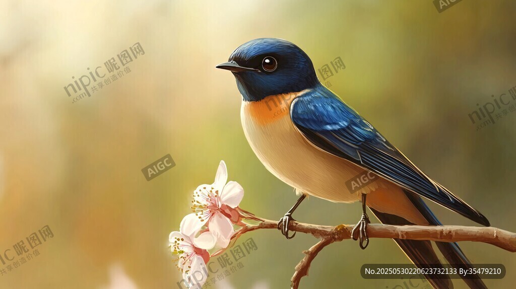 藍(lán)羽小鳥棲于繁花枝頭