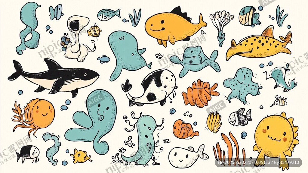 可愛海洋生物卡通插畫