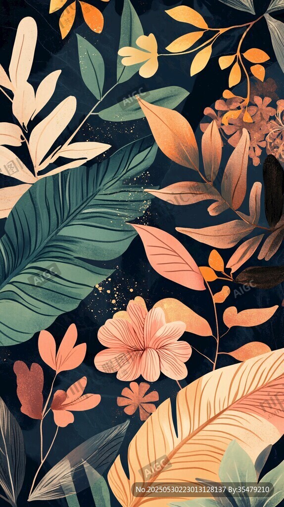 熱帶花卉植物絢麗插畫