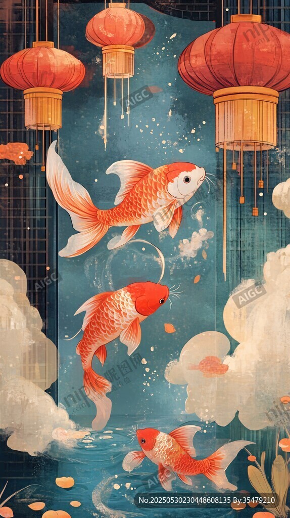 中式錦鯉燈籠夢(mèng)幻插畫(huà)