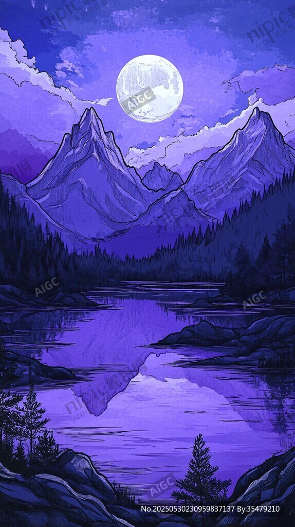 月夜下的山水夢幻景致