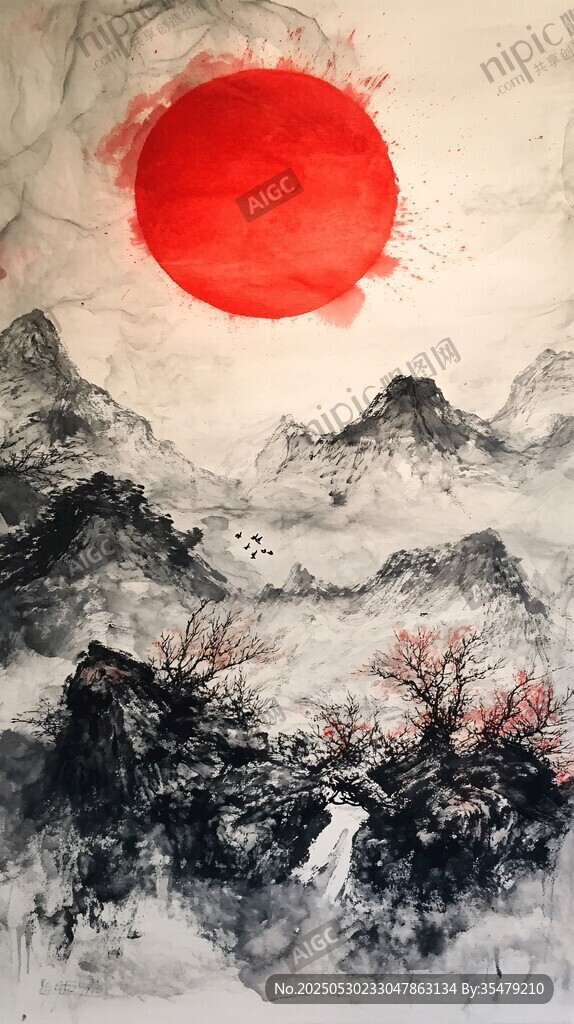 水墨山水間的紅日盛景