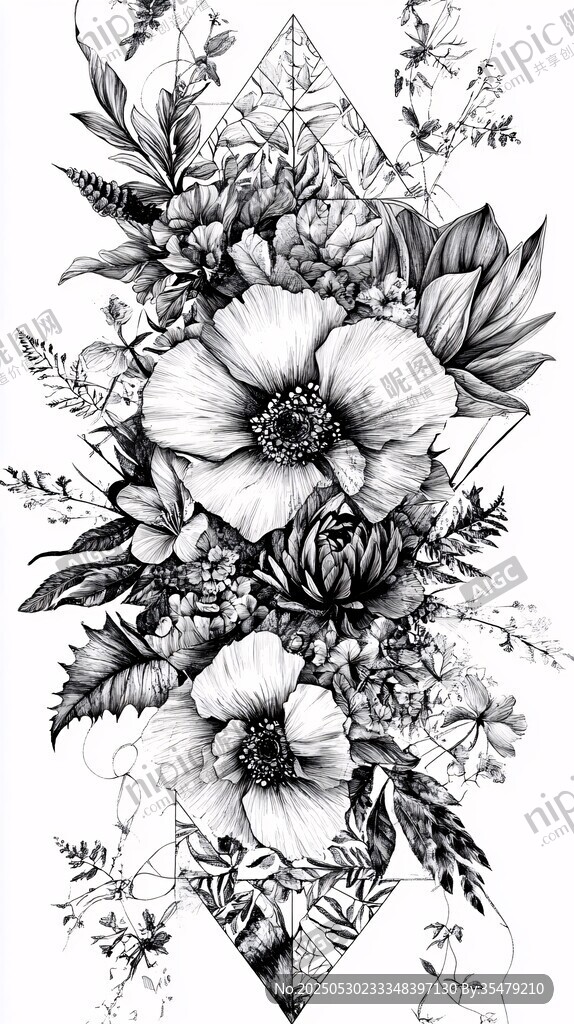 黑白花卉幾何圖案插畫