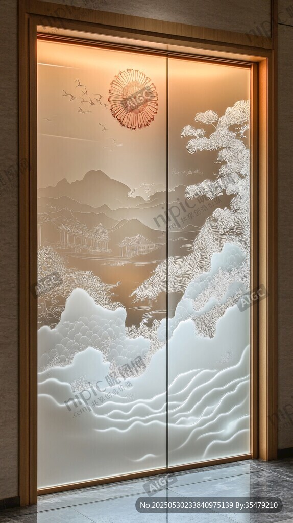 中式山水藝術(shù)玻璃移門