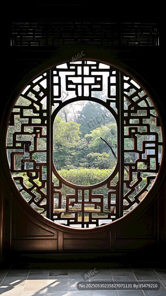 中式圓窗映景雅致古韻