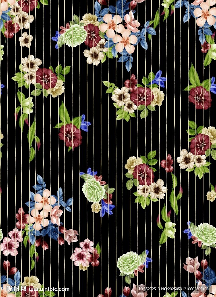 黑色背景多彩花卉圖案