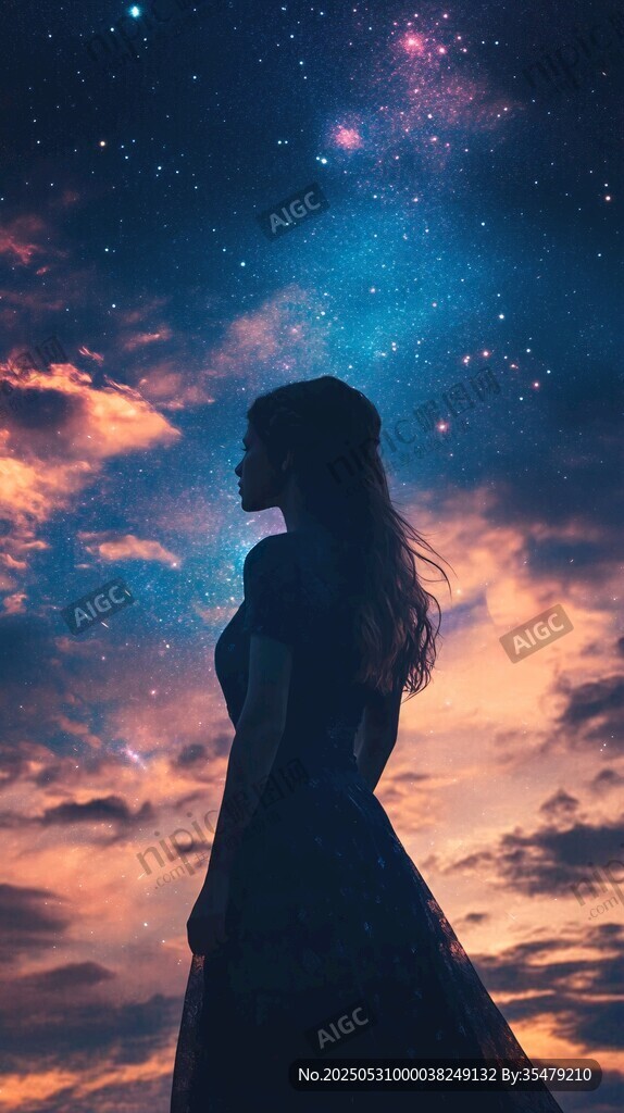 少女仰望璀璨星空剪影