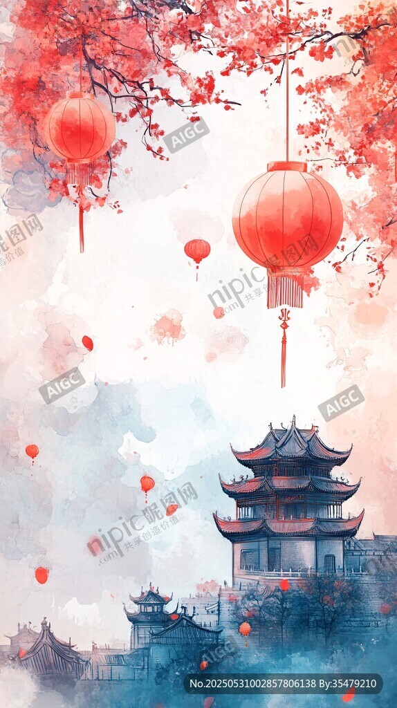古風(fēng)中式燈籠與樓閣美景