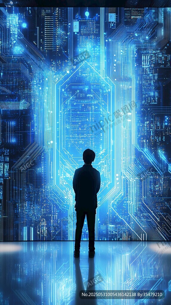 男子凝視科技感藍色光影背景