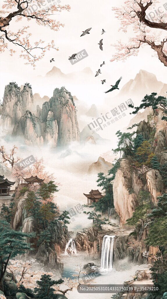 山水詩(shī)意畫境 飛鳥(niǎo)伴繁花