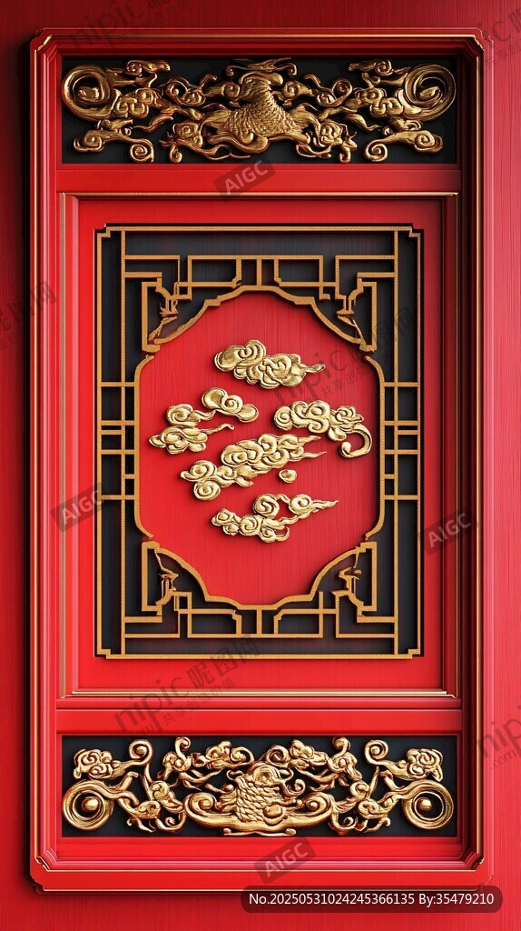 中式紅金雕花窗欞裝飾
