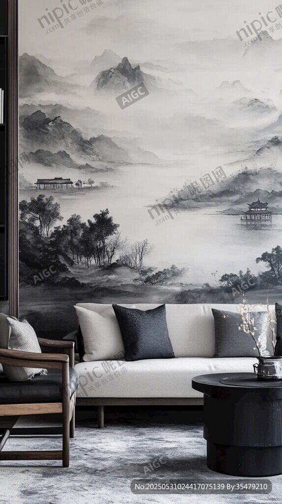 中式山水壁畫(huà)客廳場(chǎng)景
