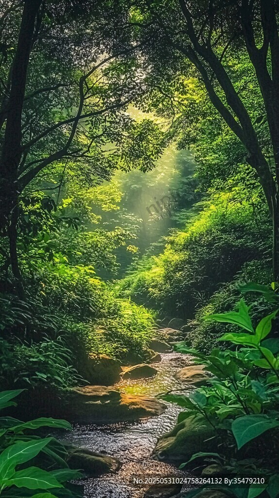 陽光灑落的靜謐森林溪流