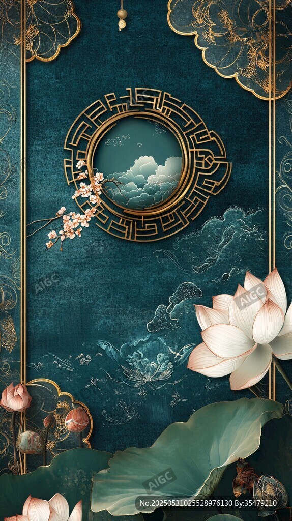 中式古典風(fēng)荷花云紋背景圖