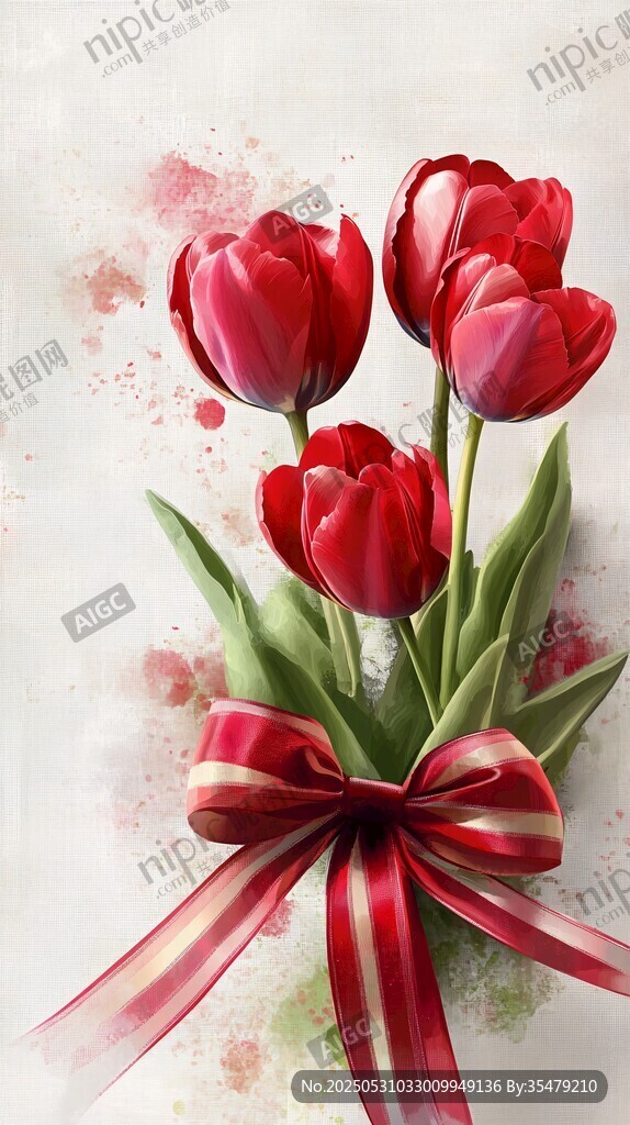 紅郁金香花束與精美絲帶