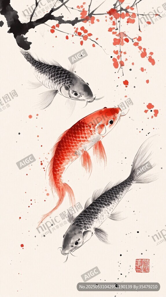 水墨錦鯉戲紅梅