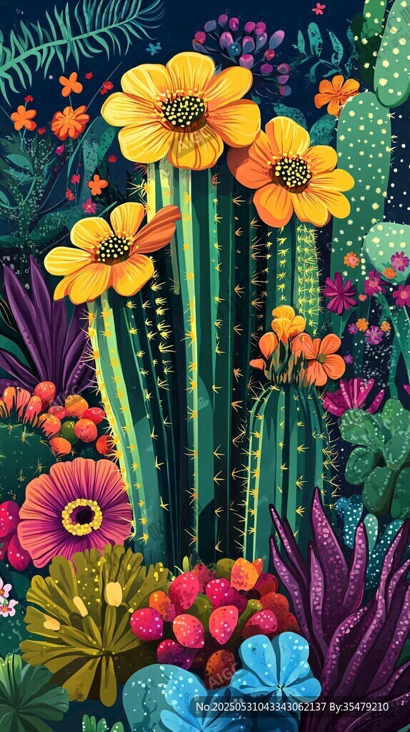 絢麗仙人掌花卉插畫世界