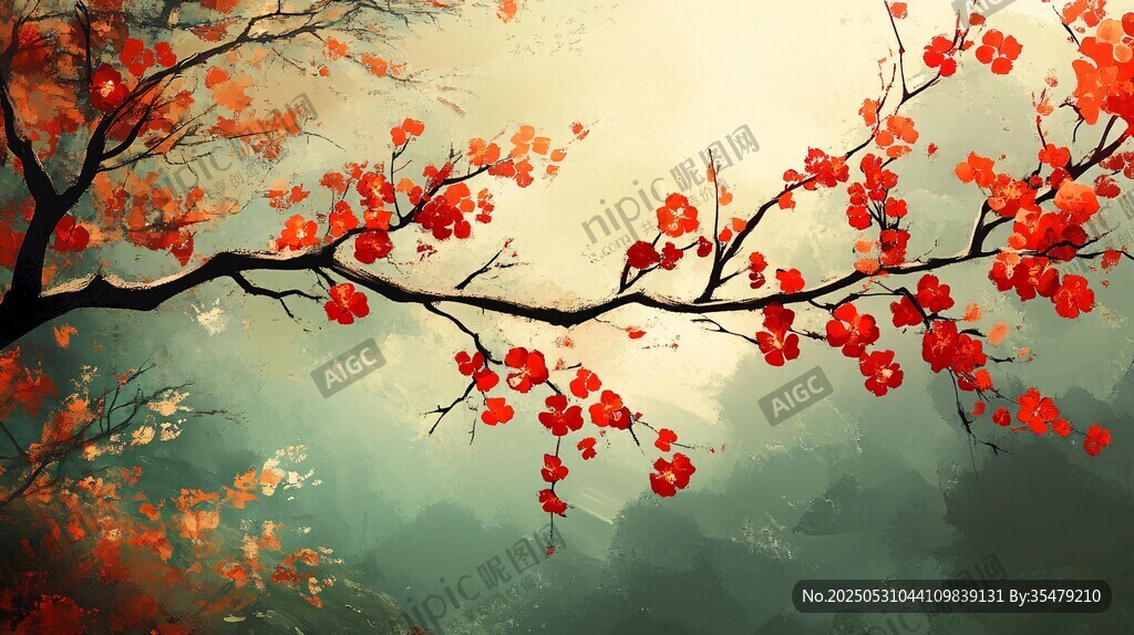 紅梅綻枝 水墨詩意之景