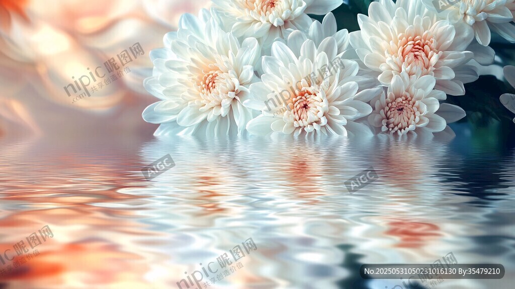 水中白菊 夢幻花卉倒影