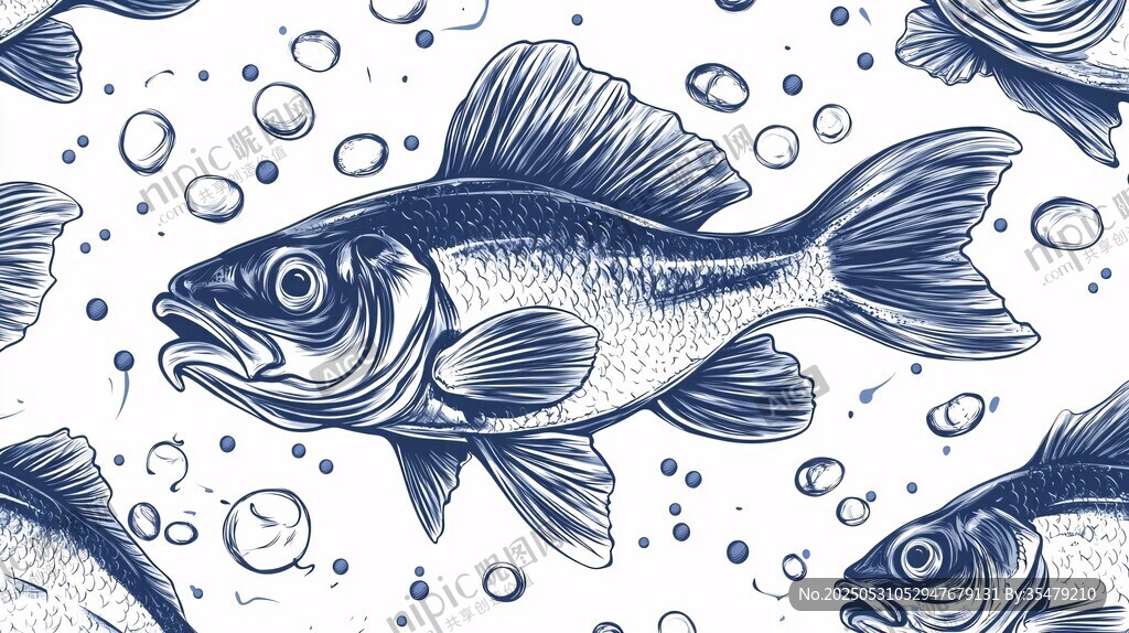 手繪藍(lán)魚與氣泡無縫圖案