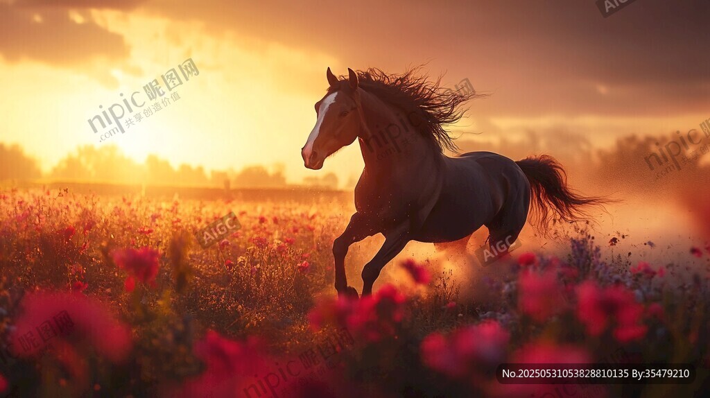 夕陽下駿馬馳騁花海