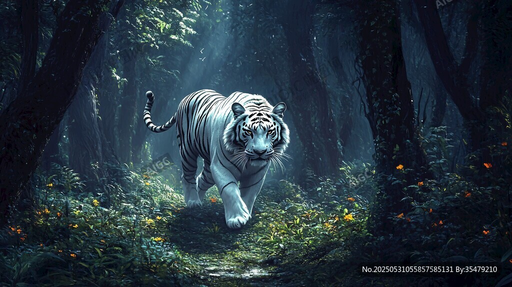 暗夜森林中的白虎漫步