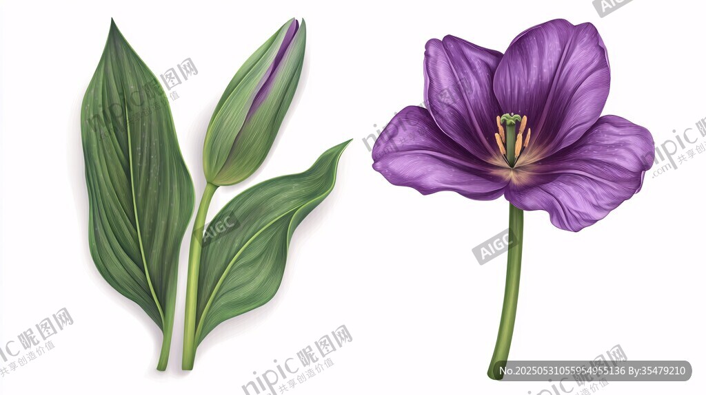 紫色花朵與綠葉插畫素材