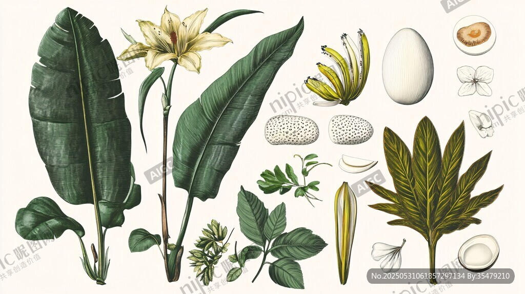 香蕉植物及果實細節(jié)插畫