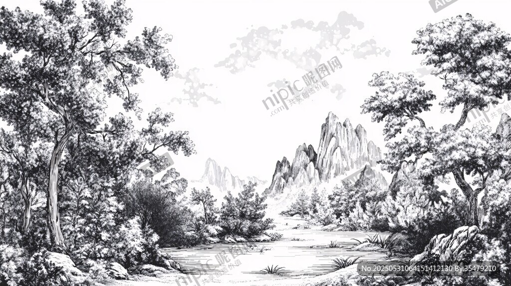 黑白山林風(fēng)景手繪插畫