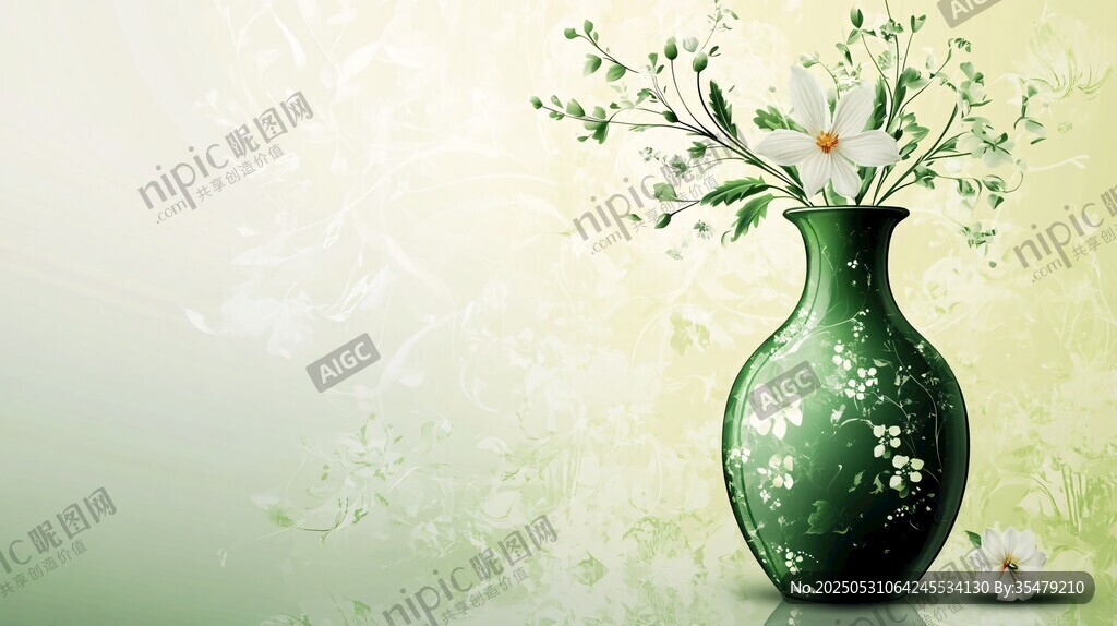 綠瓶白花 清新雅致靜物圖