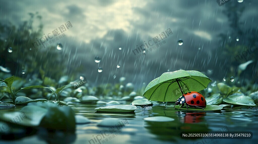 雨中瓢蟲撐傘漂浮于水面