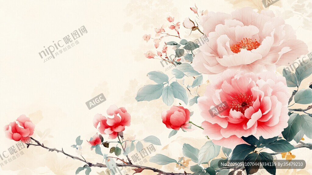 中式水墨風(fēng)嬌艷盛放牡丹圖