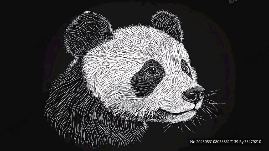 黑白熊貓頭像線描藝術圖