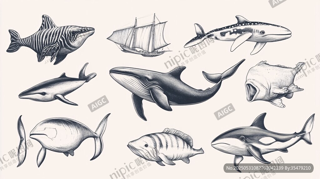 海洋生物與船只插畫集合