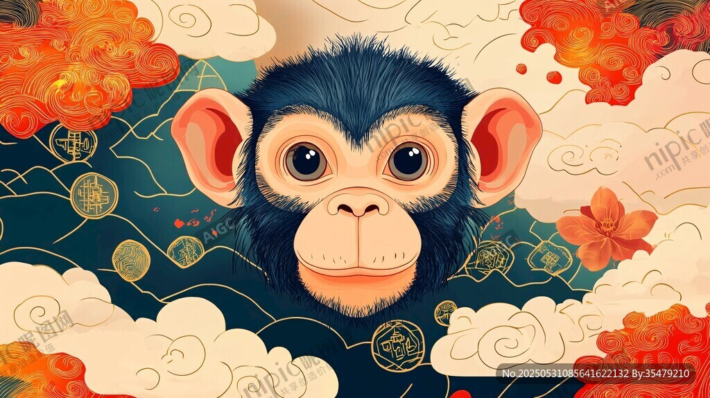 萌趣小猴的中式夢(mèng)幻場(chǎng)景