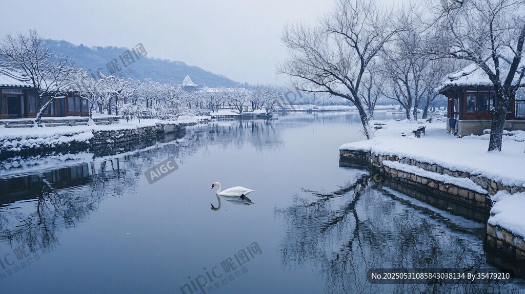 冬日雪后湖畔的優(yōu)雅天鵝
