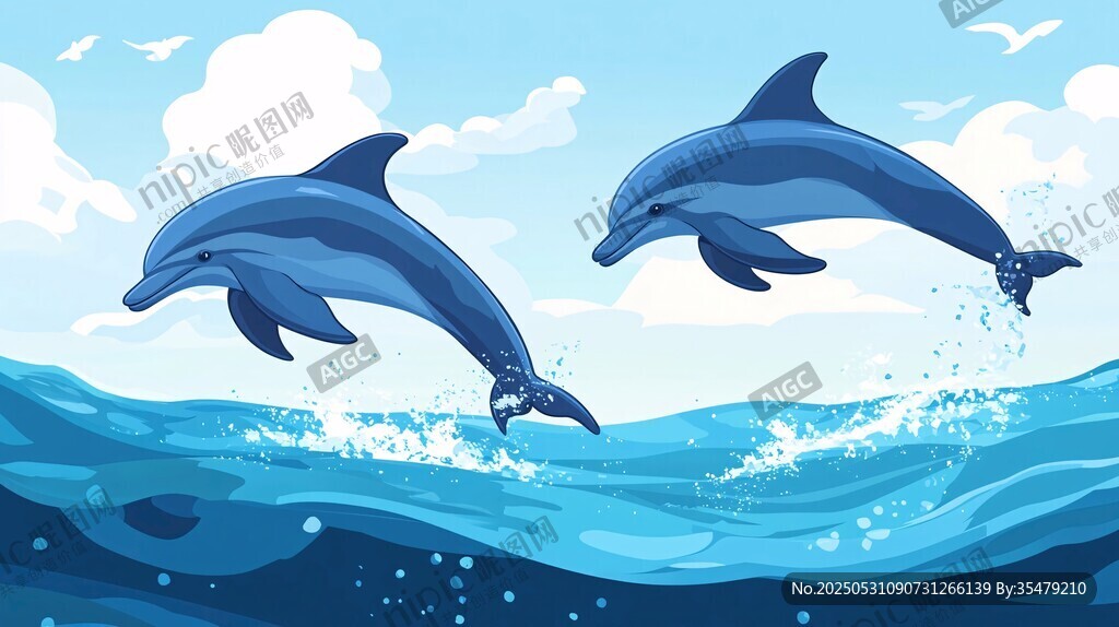 兩只海豚躍出藍(lán)色海面