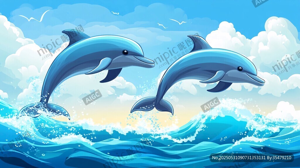 雙海豚躍出藍色海浪畫面