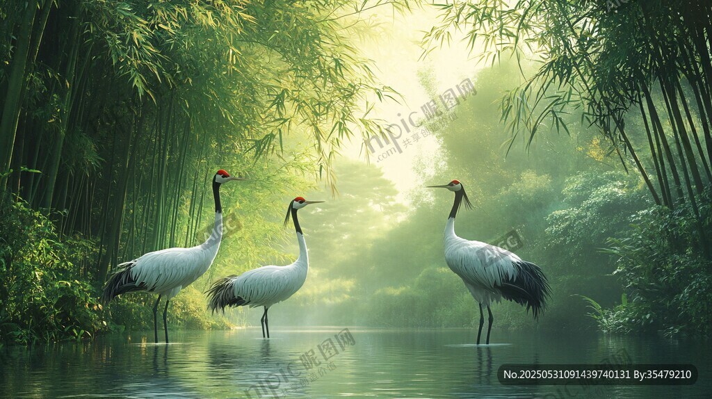 竹林中優(yōu)雅佇立的三只仙鶴