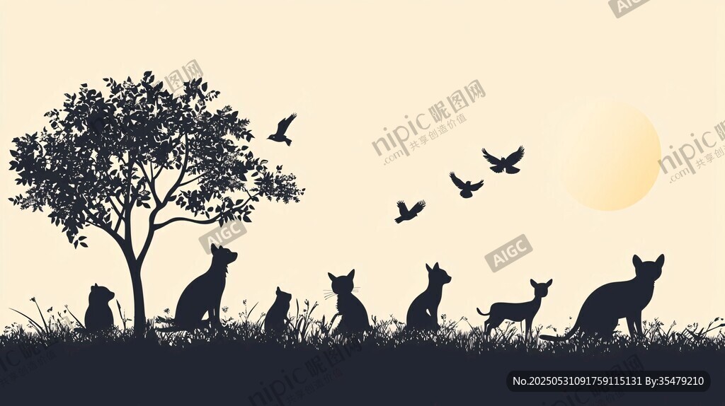 夕陽下的動物與飛鳥剪影