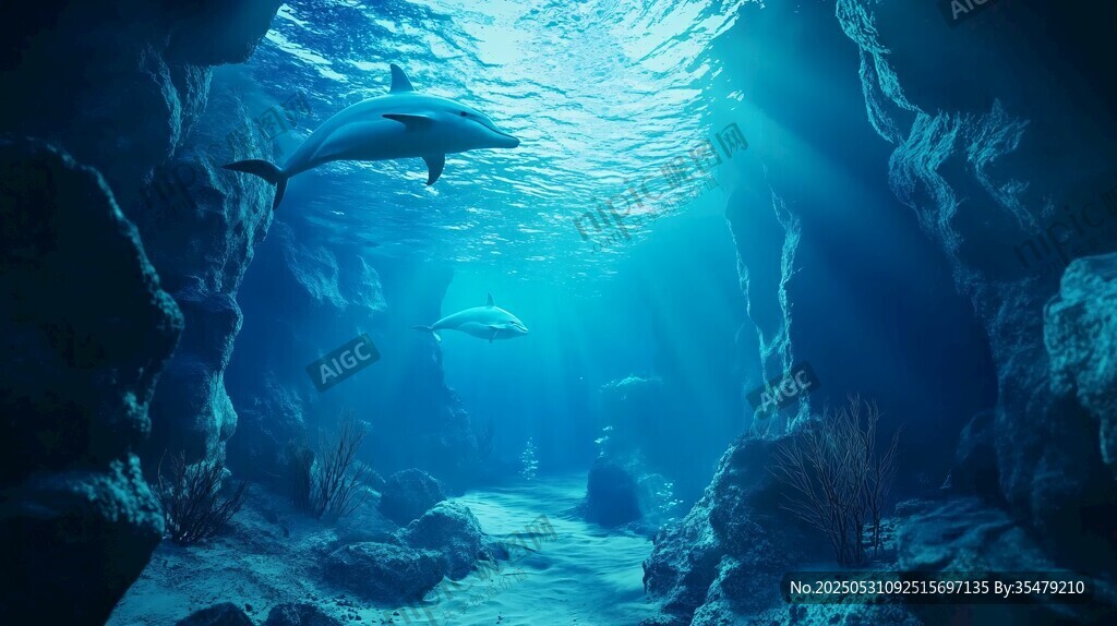 海底洞穴中的海豚奇幻景象
