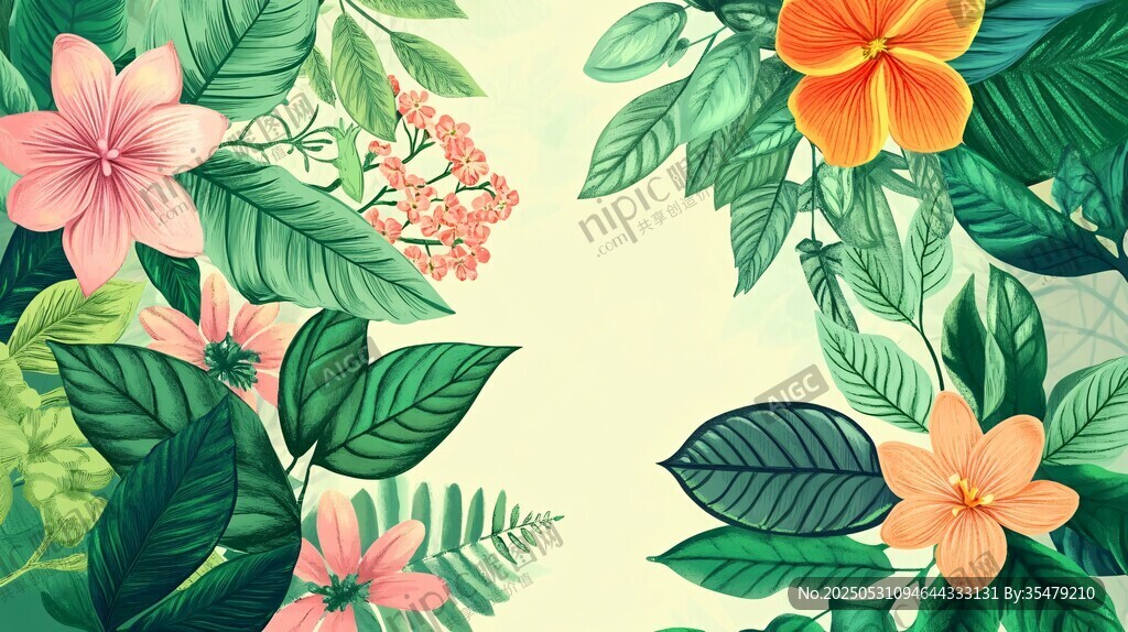 熱帶花卉綠葉背景圖