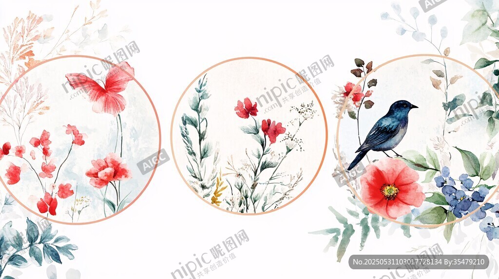 花卉飛鳥水彩插畫三圖組