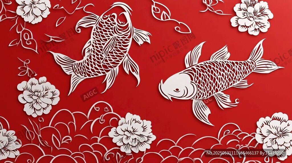 紅底剪紙雙魚花卉圖案